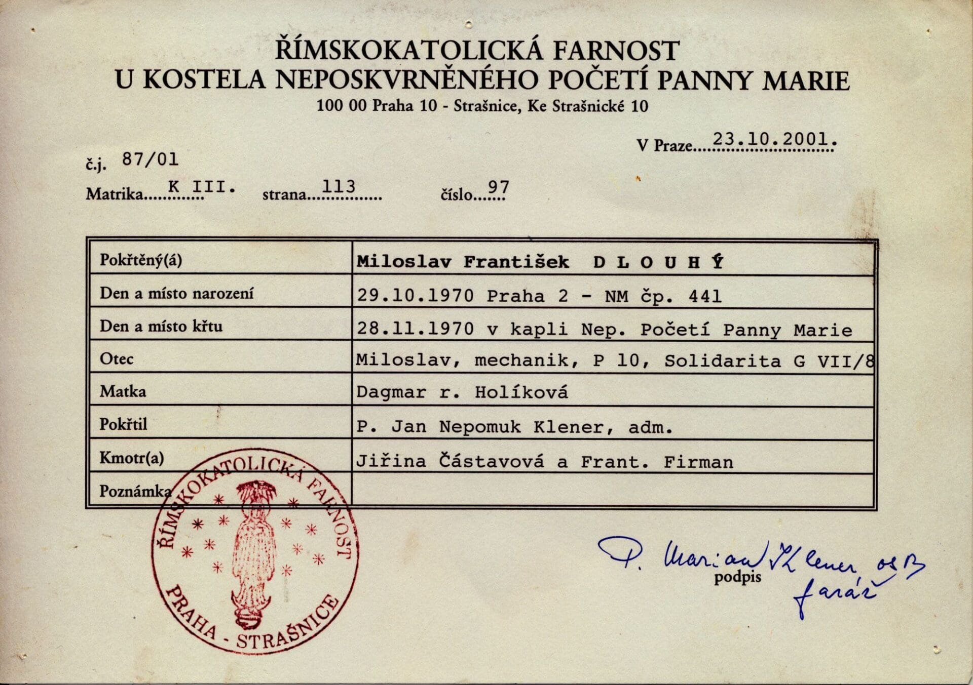 Milo Dlouhy Baptism Certificate