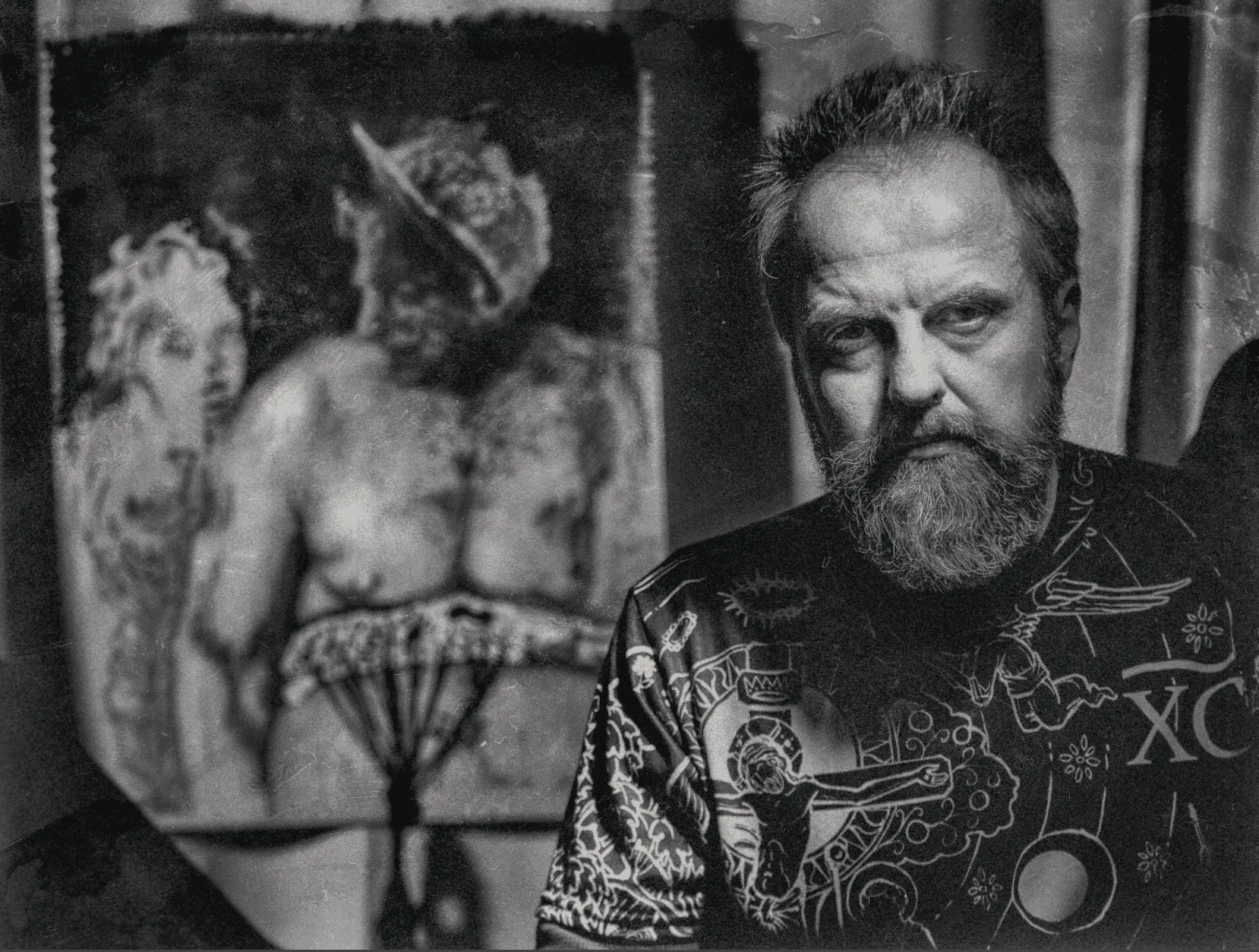 Artist Milo Dlouhy with artwork titled Yetzer Hara