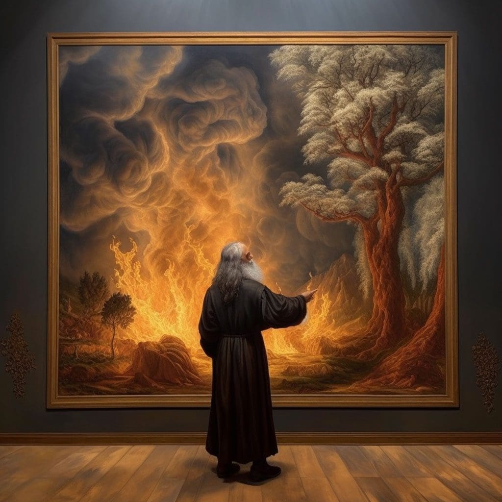 Old man with painting of the burning bush