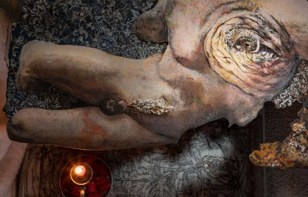 Artwork titled Elephant Man ready to burn. Detail