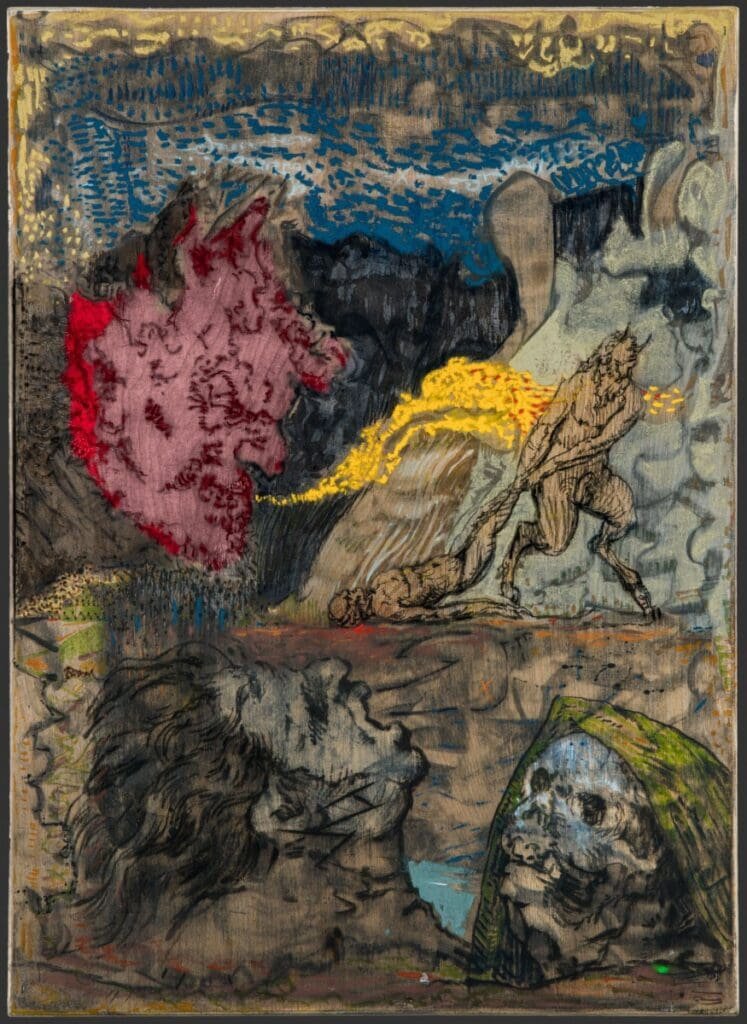 charcoal and pastel drawing on burnt panel.